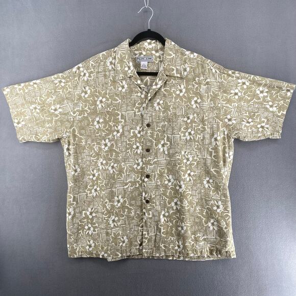 Vintage Pacific Scene Neutral Tan Floral Hawaiian Button Down Shirt Mens XL - Picture 3 of 13